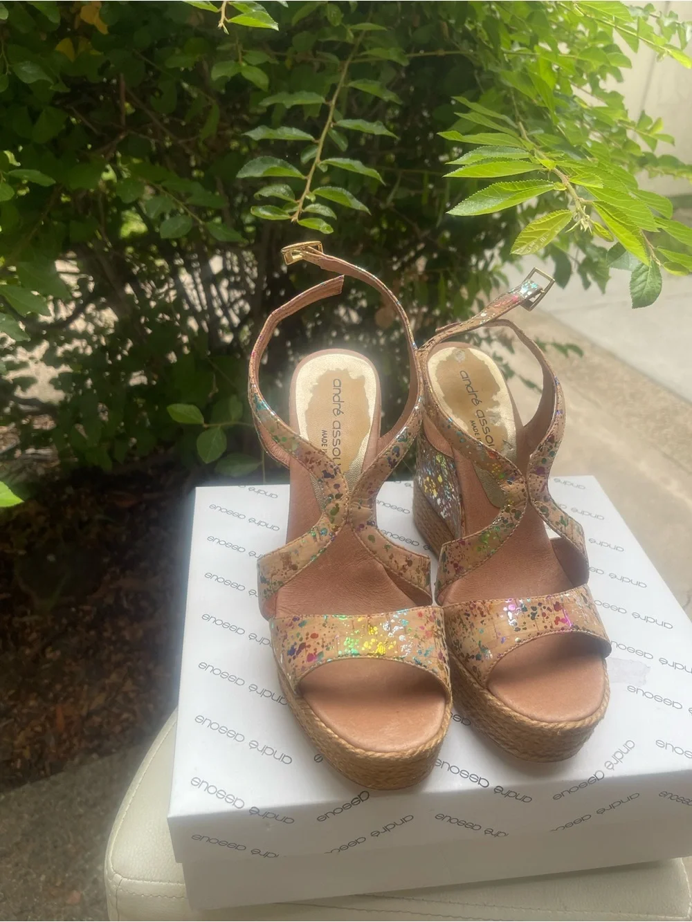 Andre Assous Pink Multicolor Glitter Jute Platform Sandals